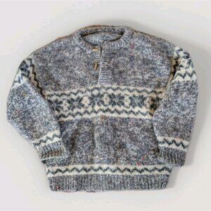 Handknit Heavy Sweater Women’s Fair Isle Pattern Gray White Size M/L Toggles Vtg